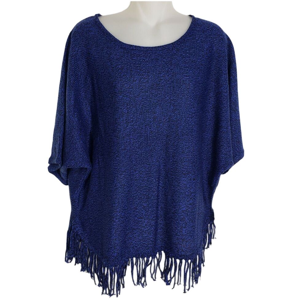Relativity Womens Sweater Small Fringe Dolman Short Sleeve Blue Black Heathered